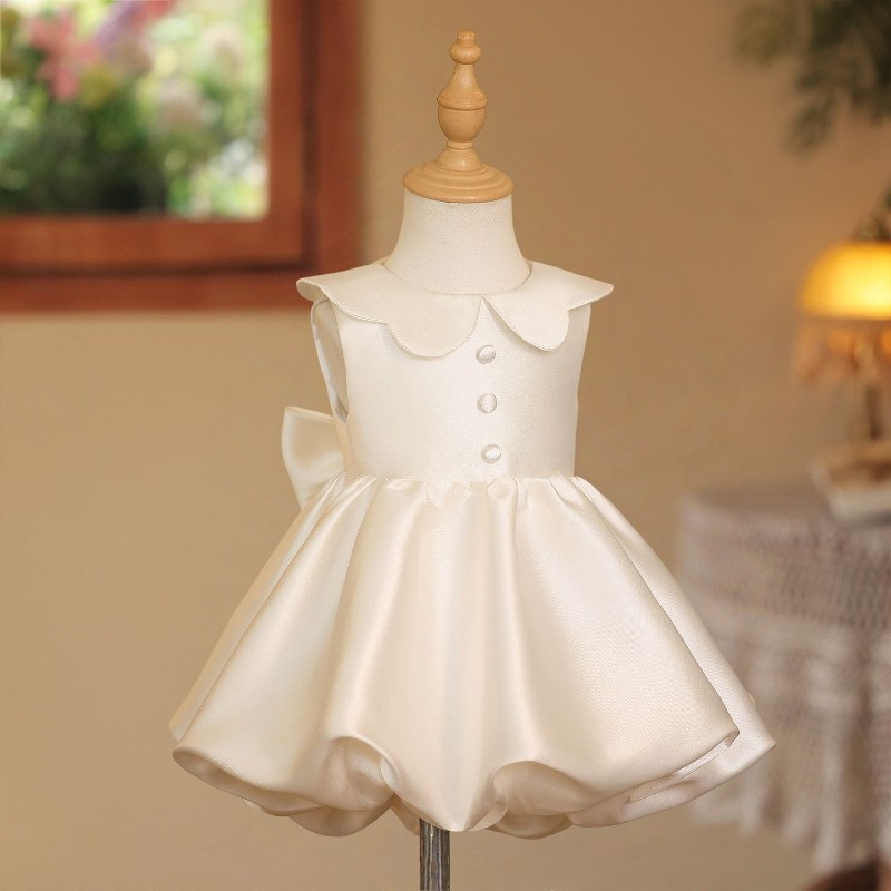 Toddler white Petal collar Solid color satin Princess dress