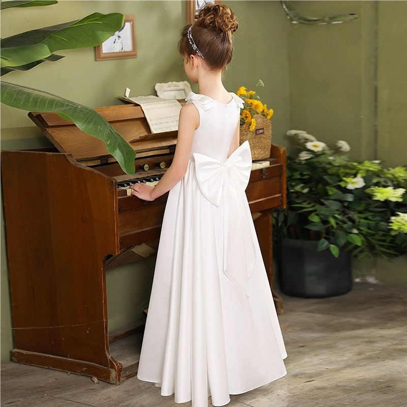 Kids girls White satin minimalist Princess dress Party Gown