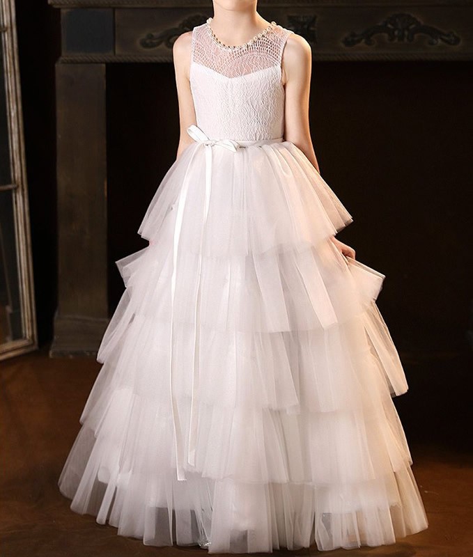 Teenager White Lace Stacked Cake Princess dress
