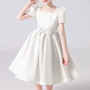 White bubble sleeve square neck satin dress