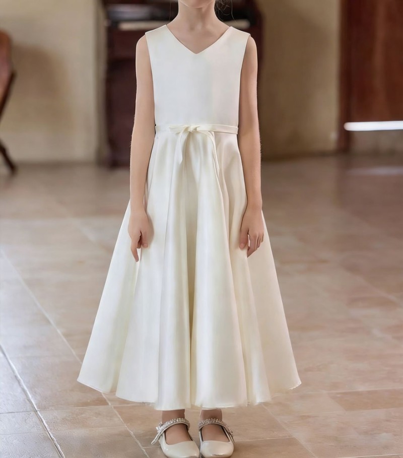 Kids girls Ivory V-neck sleeveless fashion satin gown Party Dress